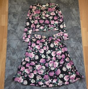 Floral Vintage 1980s Women's Skirt Set in Black & Pink Retro Size 14 Cottagecore